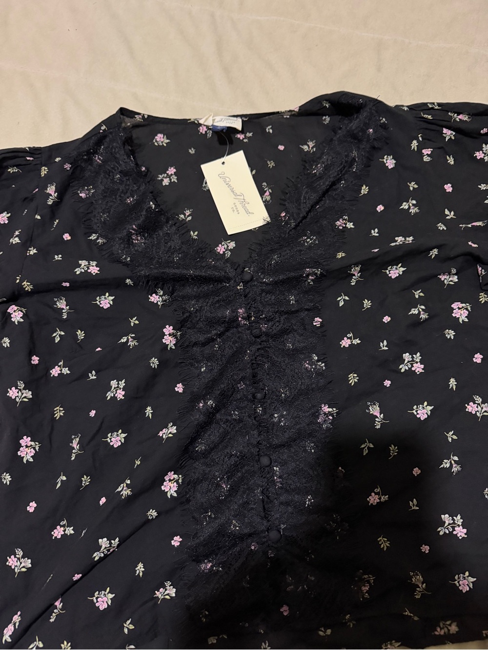 Universal Thread Black Blouse with Pink Floral Print